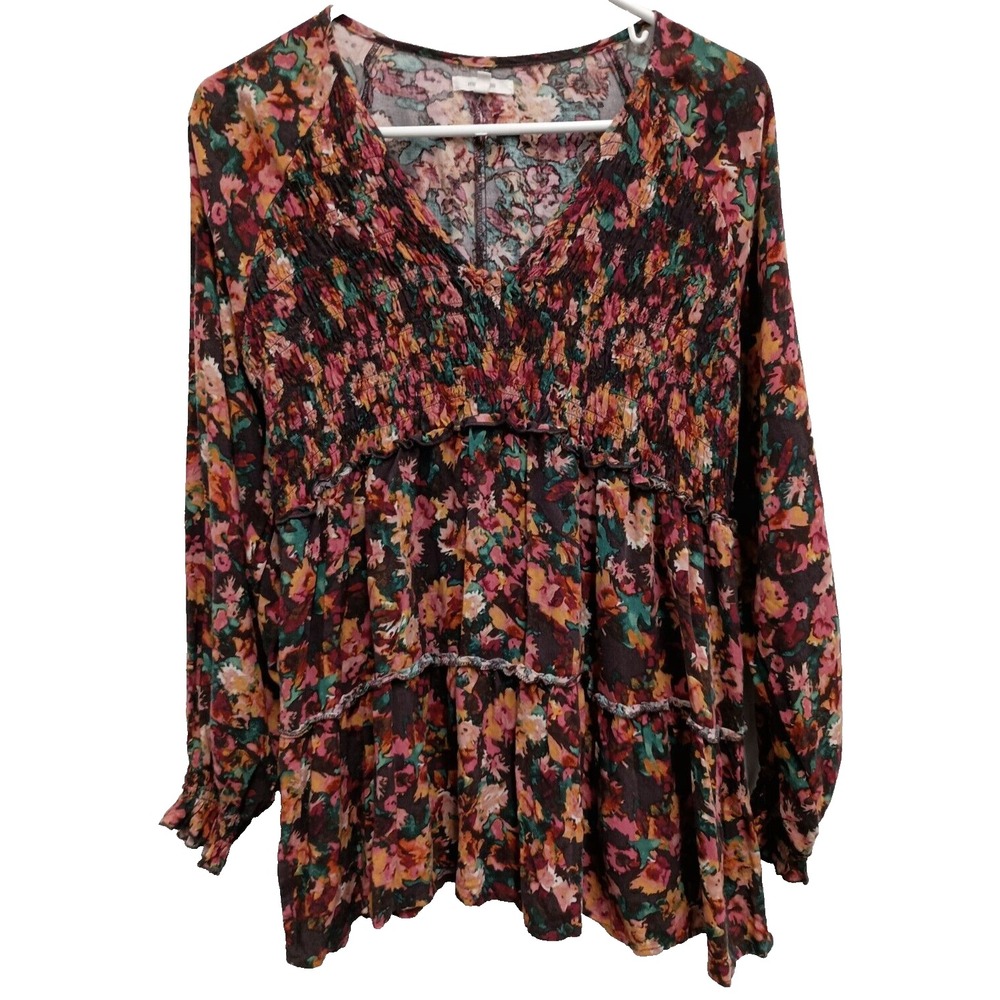 Maurices Womens Blouse Top Size 1X Red Floral Tiered BOHO Peasant Smocked